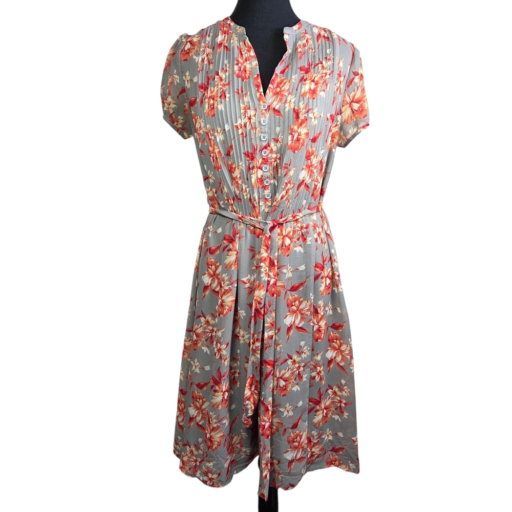 Robert Louis Floral Pleated Midi Dress With Tie Size Med